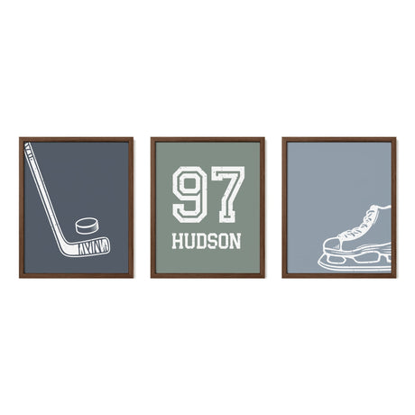 Modern Hockey Wall Art Set – Personalized Jersey, Stick & Skate Prints in Dusk, River & Muted Green - threeowlsnook