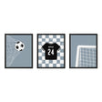 Modern Soccer Wall Art Set – Custom Name & Number Jersey, Goal & Ball Prints - Soft Blue - threeowlsnook