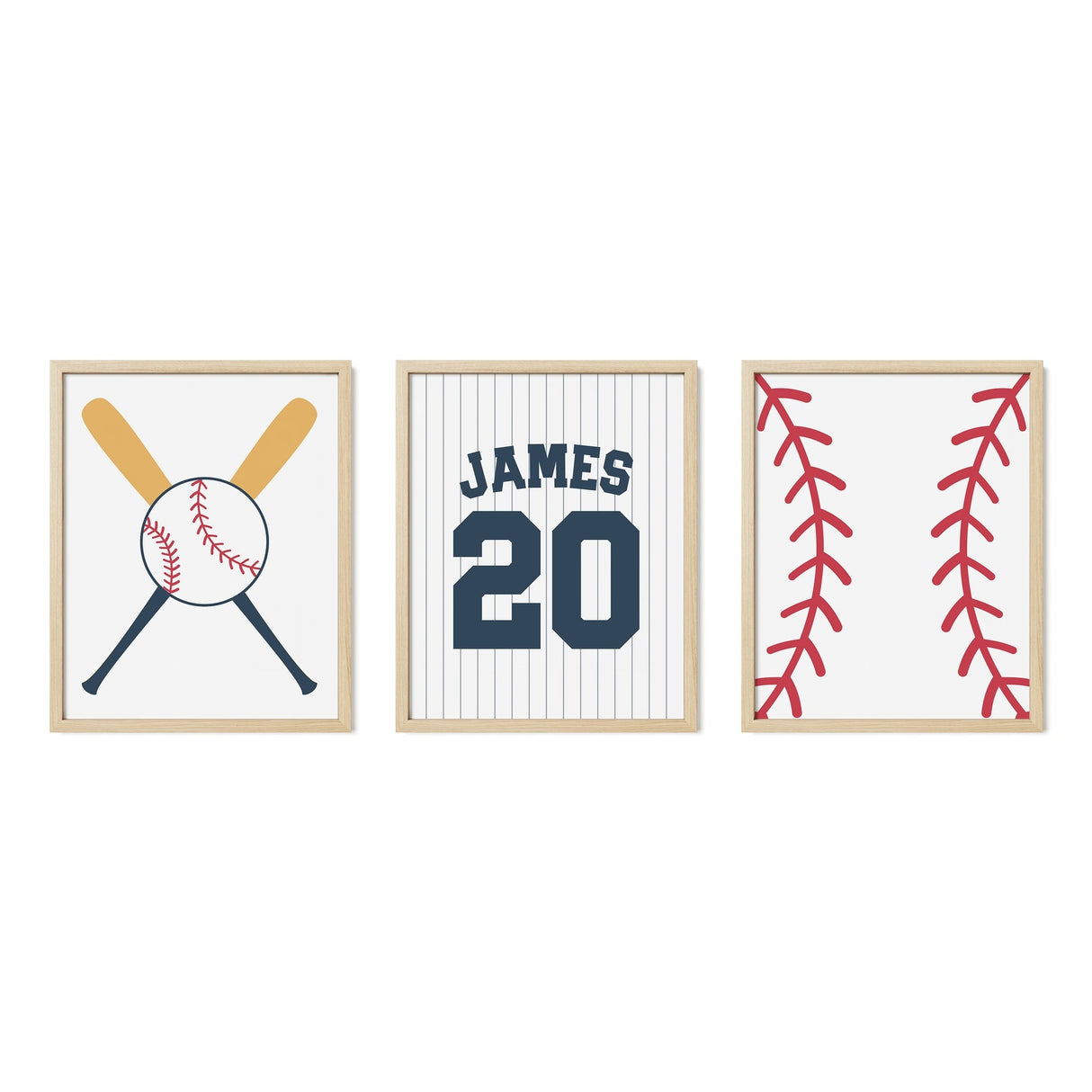 Nursery Baseball Wall Art – Custom Jersey, Bats & Stitching Prints - threeowlsnook