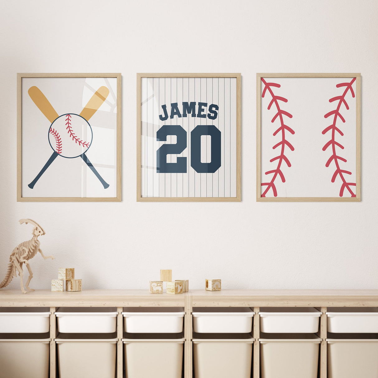 Nursery Baseball Wall Art – Custom Jersey, Bats & Stitching Prints - threeowlsnook