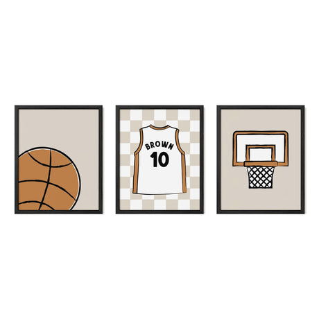 Nursery Basketball Wall Art Set – Custom Jersey, Ball & Hoop Prints - threeowlsnook