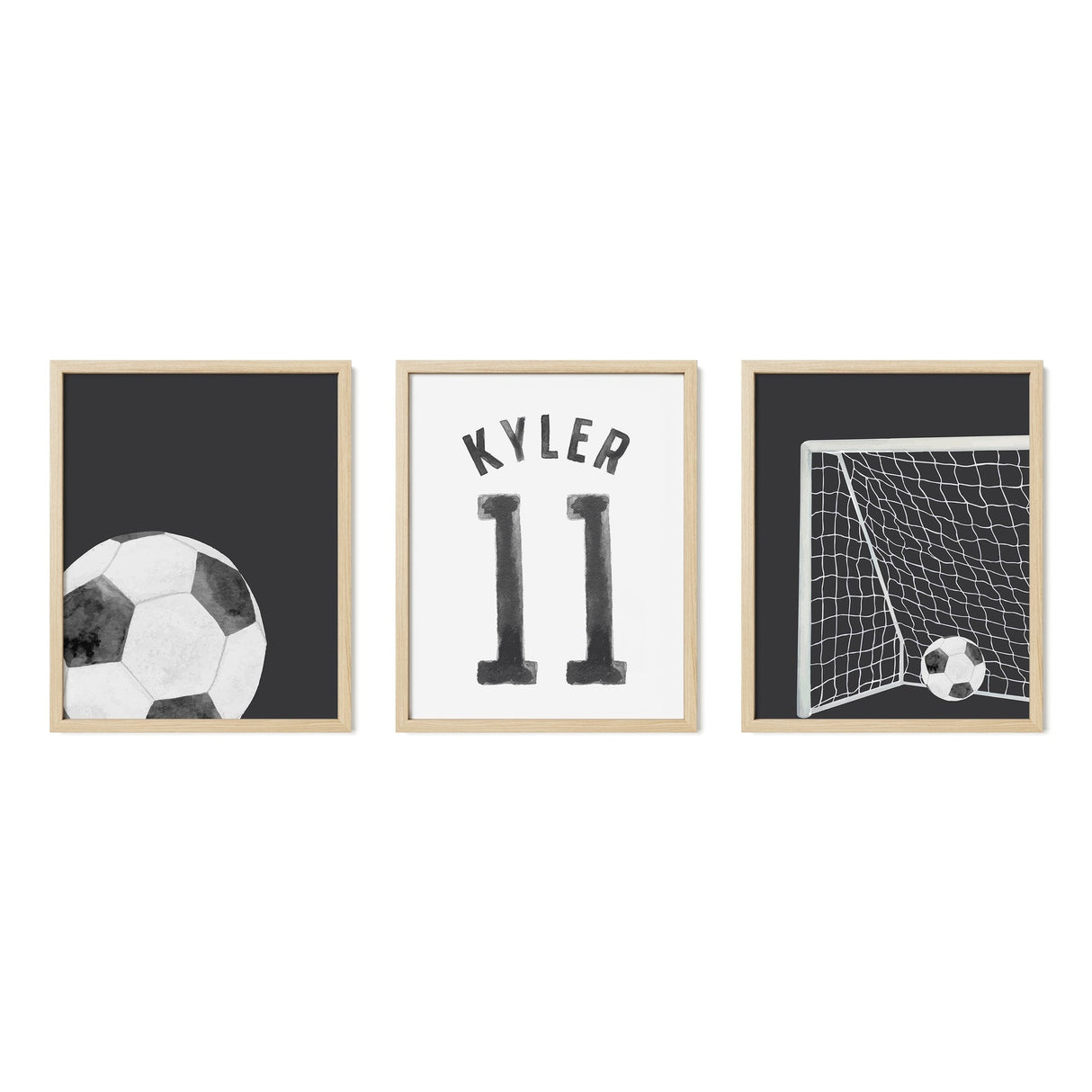Personalized Watercolor Soccer Prints – Custom Name & Number Wall Art for Kids’ Rooms - Faded Black - threeowlsnook