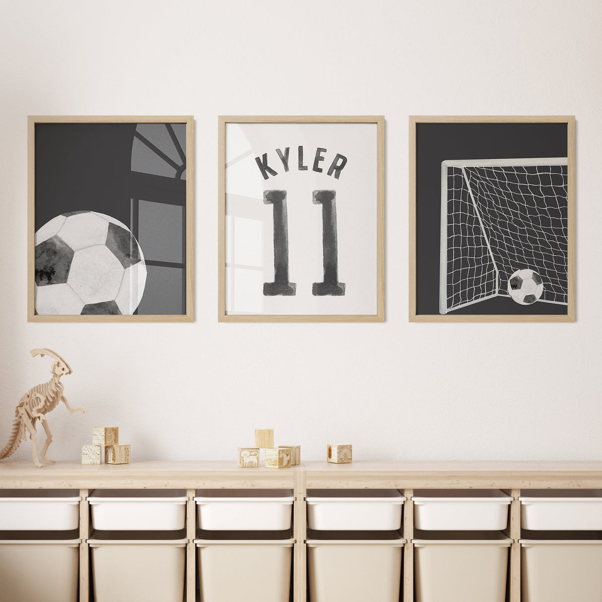 Personalized Watercolor Soccer Prints – Custom Name & Number Wall Art for Kids’ Rooms - Faded Black - threeowlsnook
