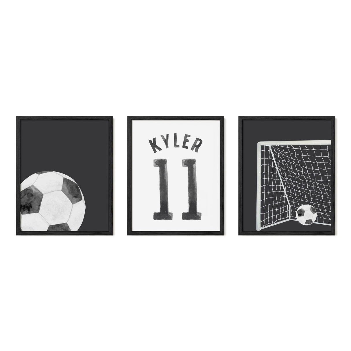 Personalized Watercolor Soccer Prints – Custom Name & Number Wall Art for Kids’ Rooms - Faded Black - threeowlsnook