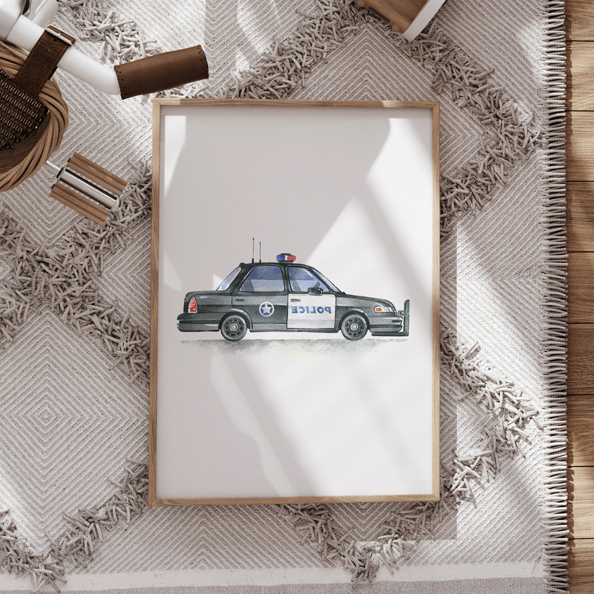 Watercolor Police Car Print – Playful Vehicle Wall Art for Kids