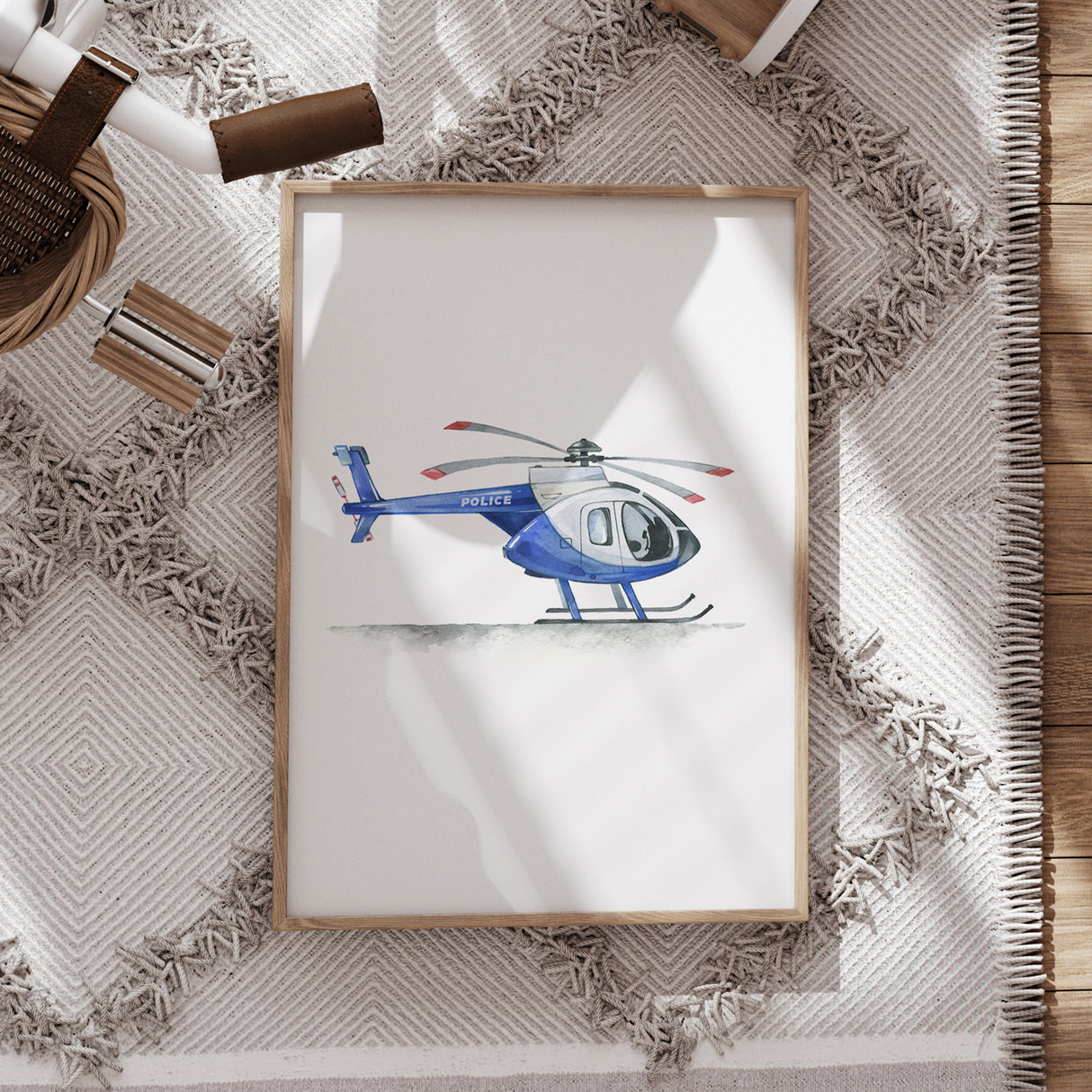 Watercolor Police Helicopter Print – Aerial Rescue Wall Art for Kids