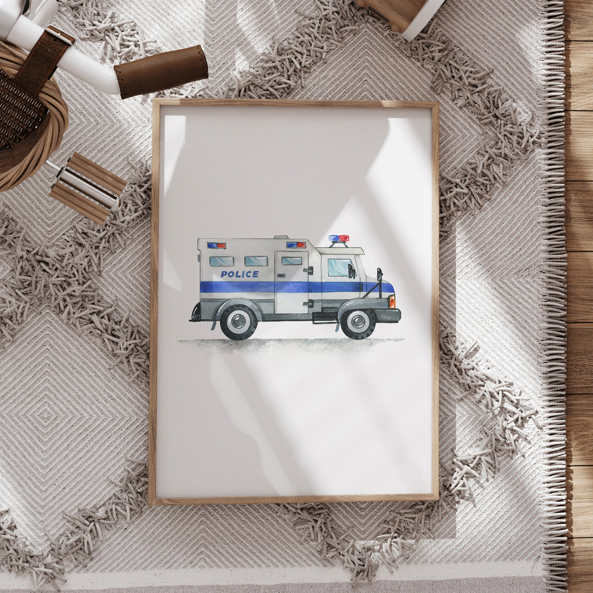 Watercolor Police Truck Print – Fun Rescue Vehicle Wall Art for Kids