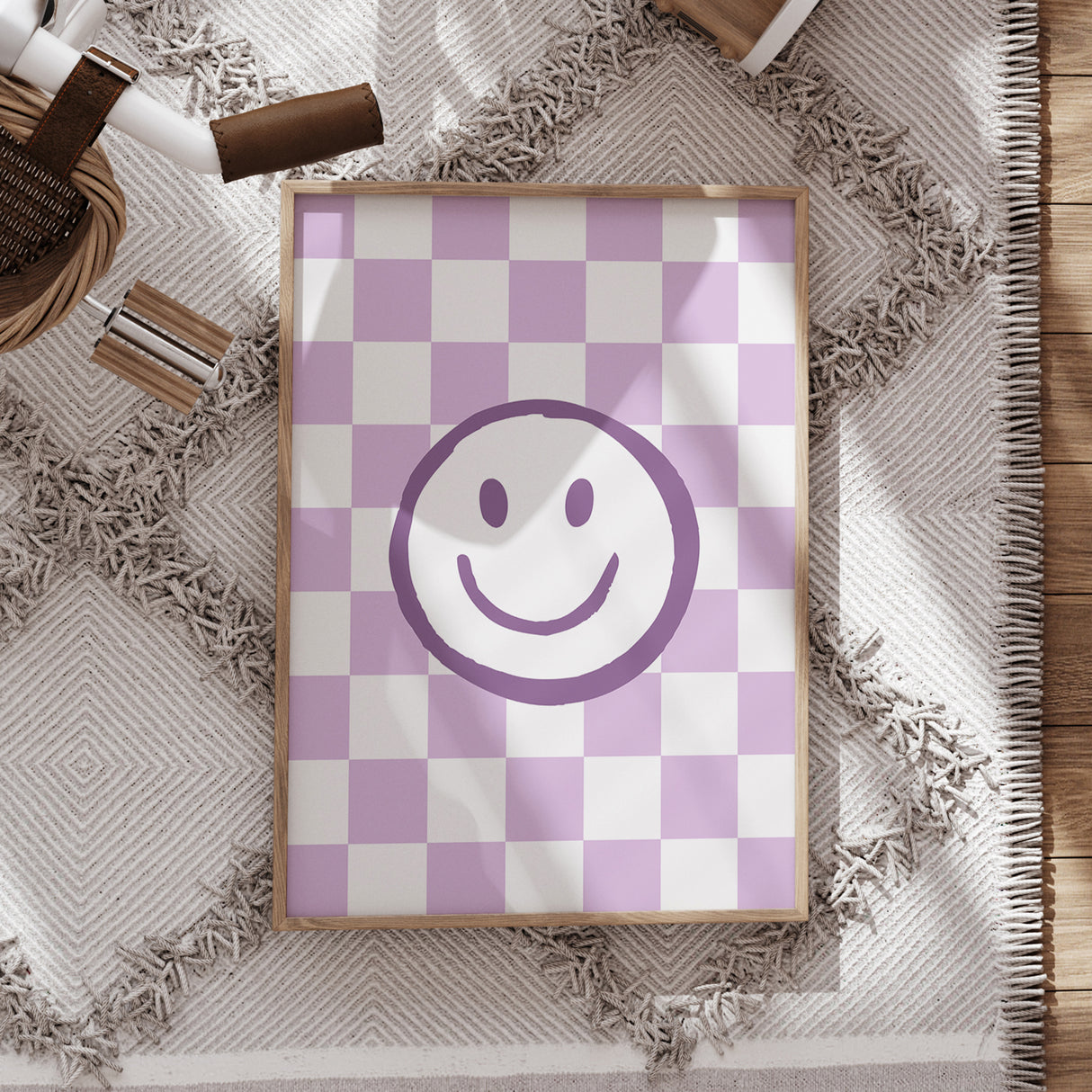 Purple Smiley Face Wall Art – Checkered Nursery Print