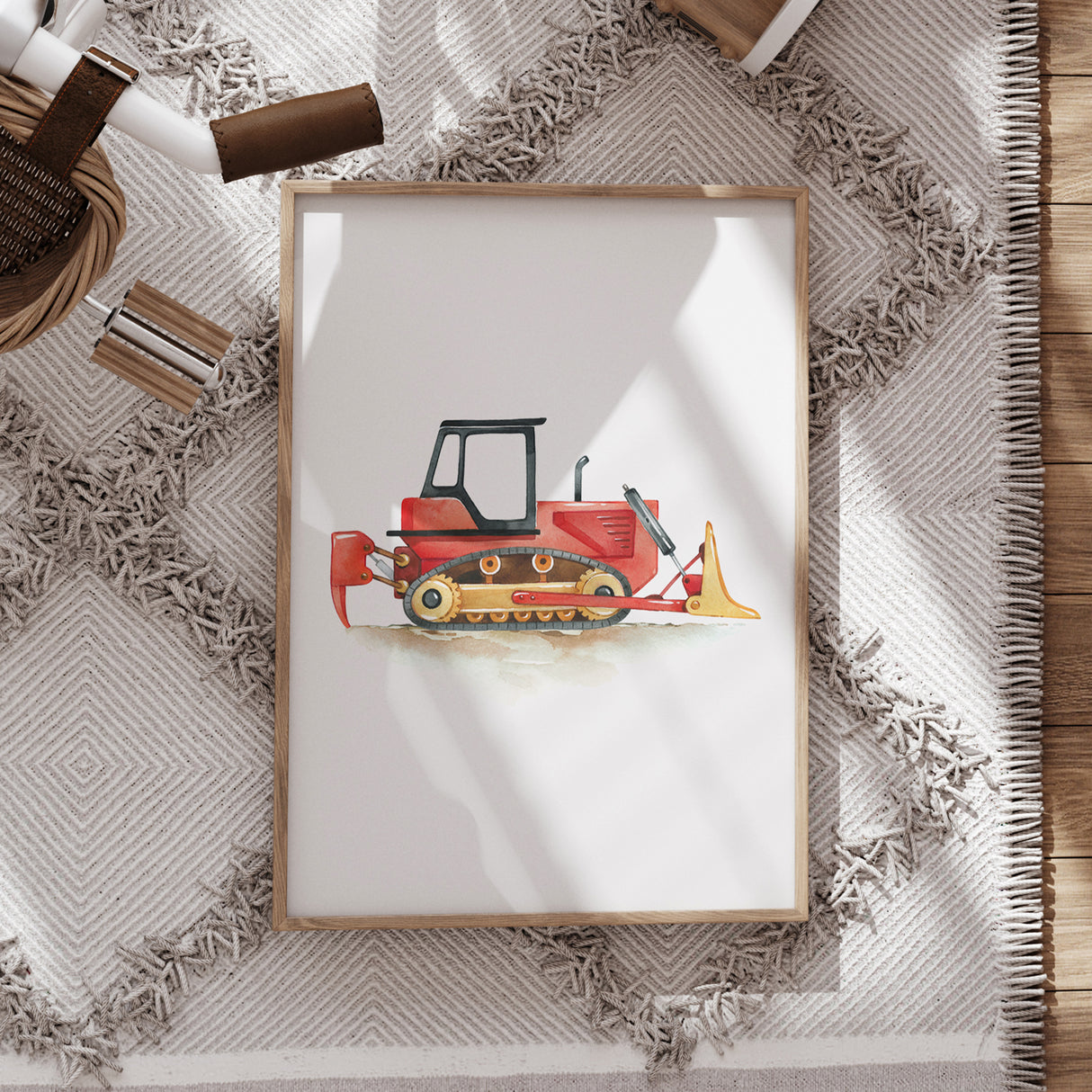 Red Bulldozer – Watercolor Construction Print for Kids' Rooms