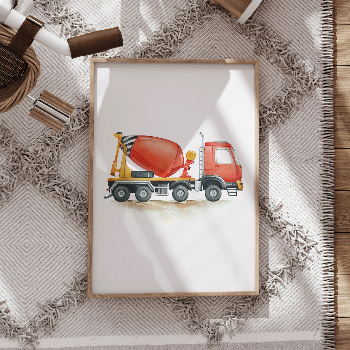 Red Cement Mixer Truck – Watercolor Print for Kids’ Rooms