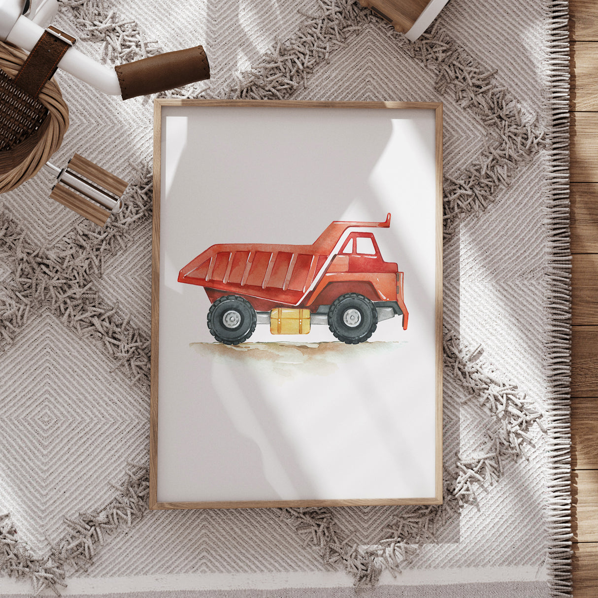 Red Dump Truck – Watercolor Construction Print for Kids’ Rooms