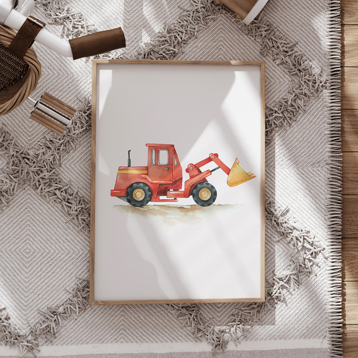 Red Construction Loader – Watercolor Print for Kids’ Rooms