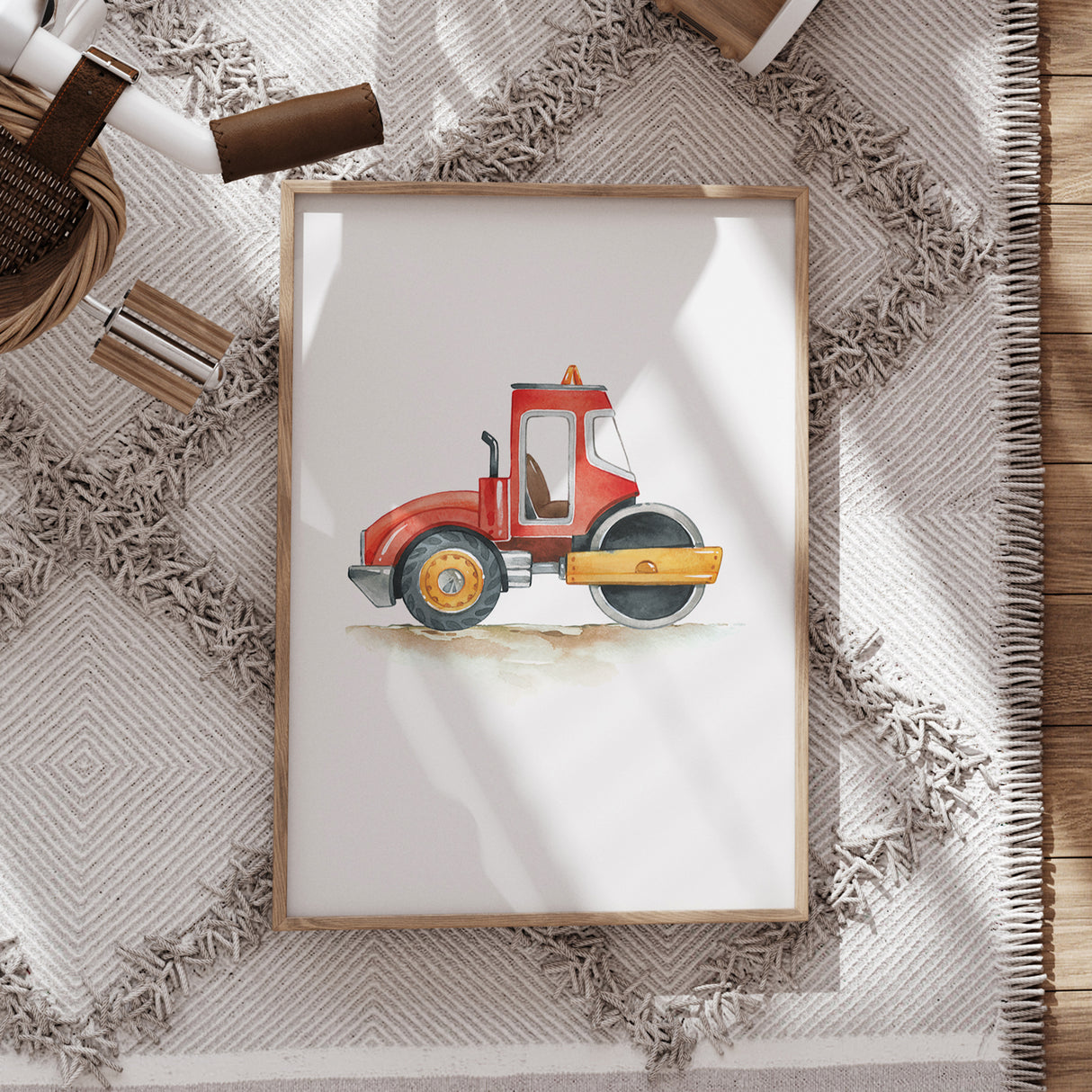 Red Road Roller – Watercolor Construction Print for Kids' Rooms