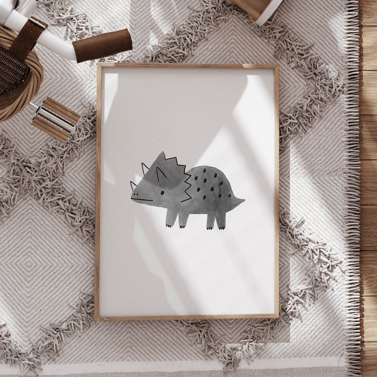 Monochrome Watercolor Triceratops Wall Art – Cute Dinosaur Print