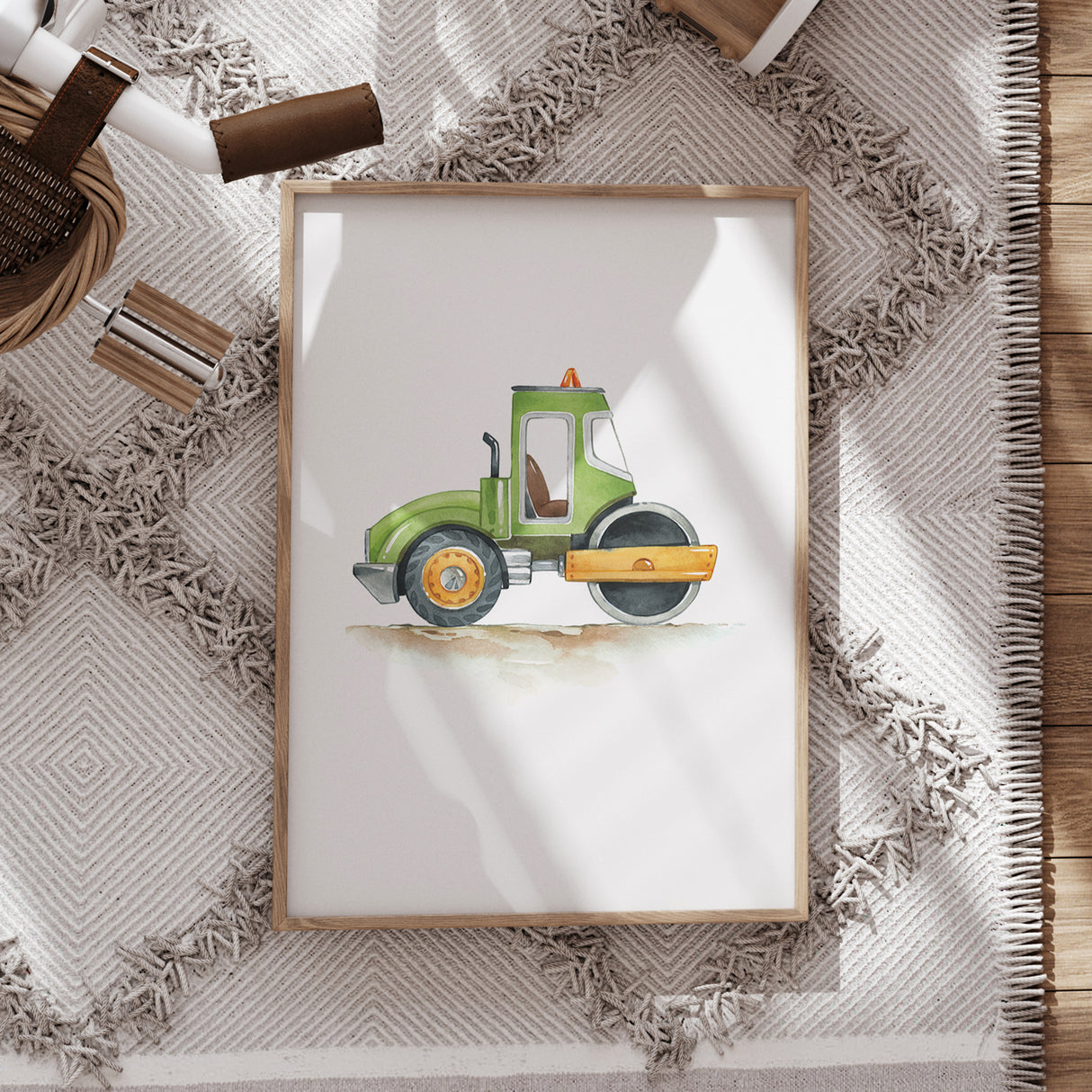 Green Road Roller – Watercolor Construction Print for Kids' Rooms