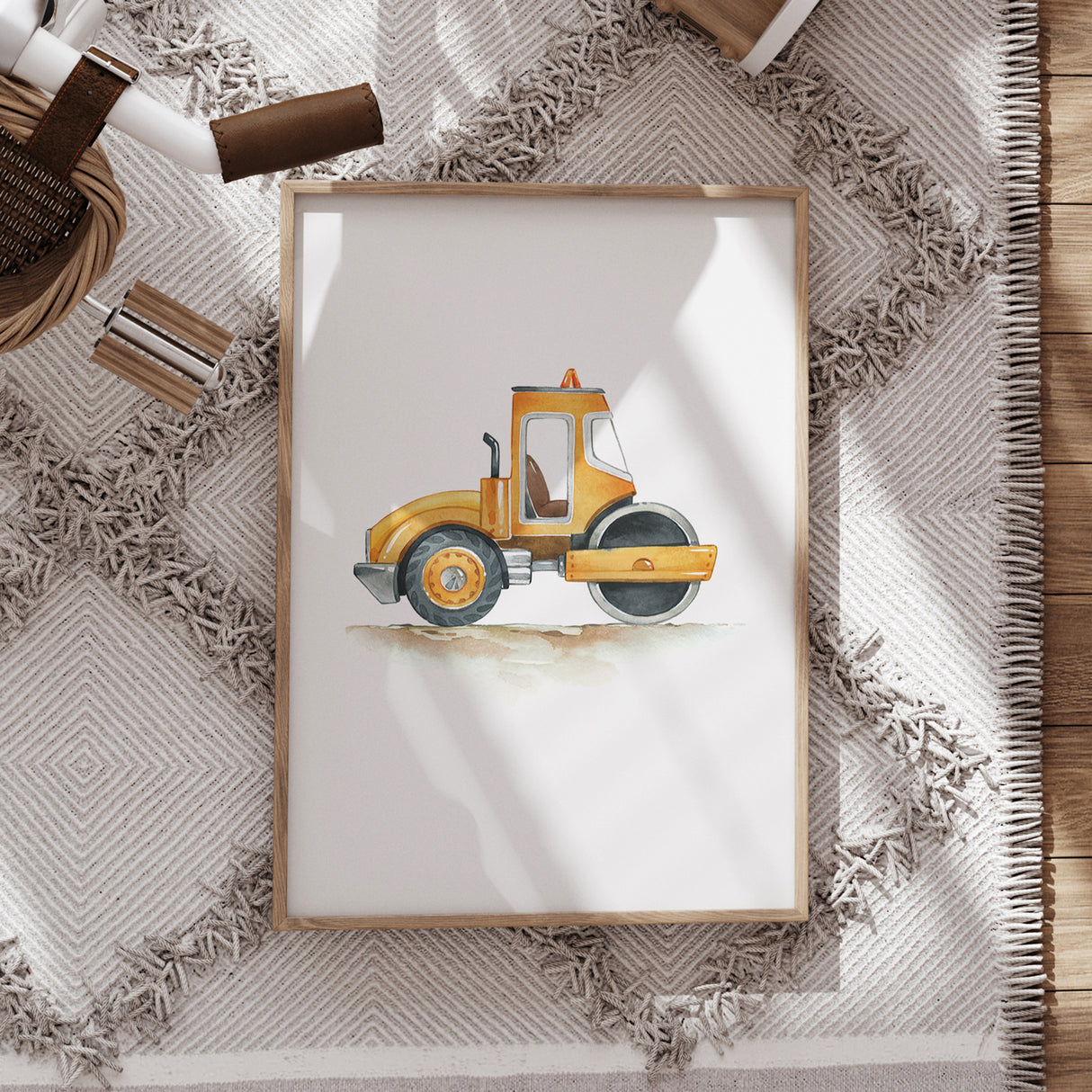 Yellow Road Roller – Watercolor Construction Print for Kids' Rooms