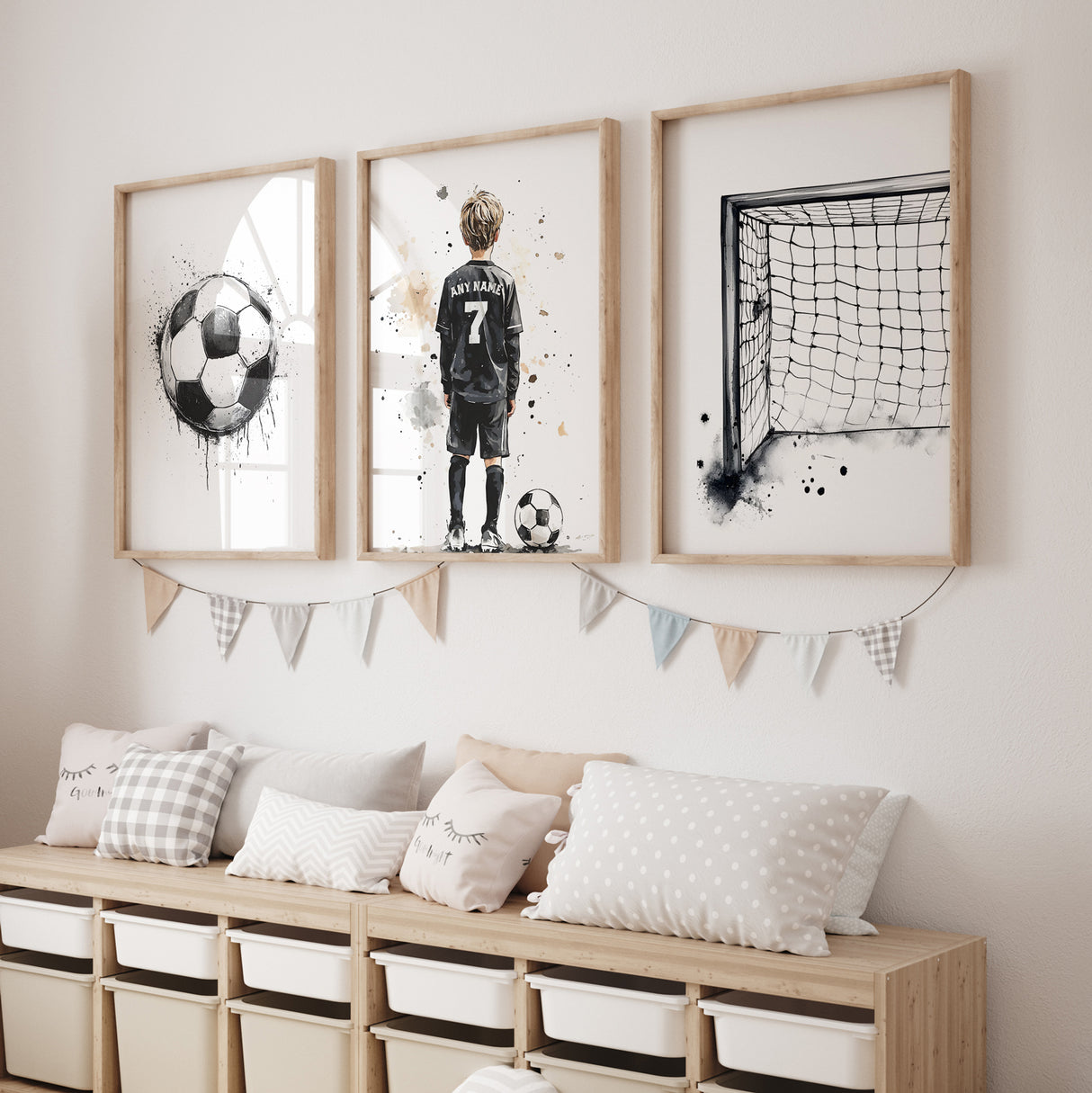 Custom Soccer Wall Art Set of 3 – Personalized Name & Number Sports Decor